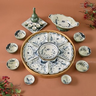  Bộ Bát Đĩa Hoa Mặt Trời Cúng Gia Tiên Hoạ Tiết Vẽ Hoa Sen Xanh Hoa Móc Sứ Bát Tràng Nhiều Mẫu 45cm 