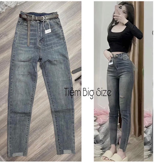 [Bigsize 60kg-98kg] Quần Jean Skinny Màu Xanh Xám Trơn Tua Lai, Lưng Cao Co Giãn