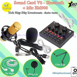 Bộ mic thu âm bm900 Sound card v8 bản tiếng anh chân kẹp màng lọc tặng tai nghe - Combo livestream v8 có auto-tune