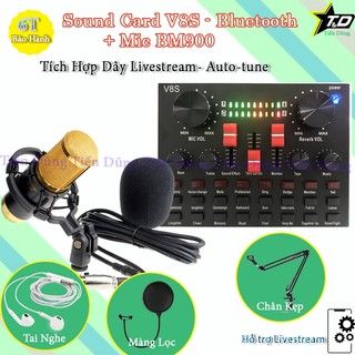 Bộ mic thu âm bm900 sound card v8s có bluetooth, pin, chân kẹp màng lọc tai nghe - combo livestream v8s có auto-tune