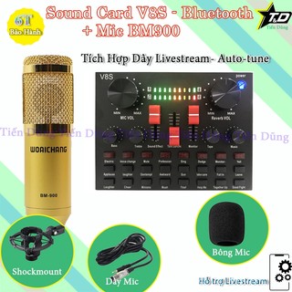 Bộ mic thu âm bm900 sound card v8s có bluetooth, pin, combo livestream v8s có auto-tune