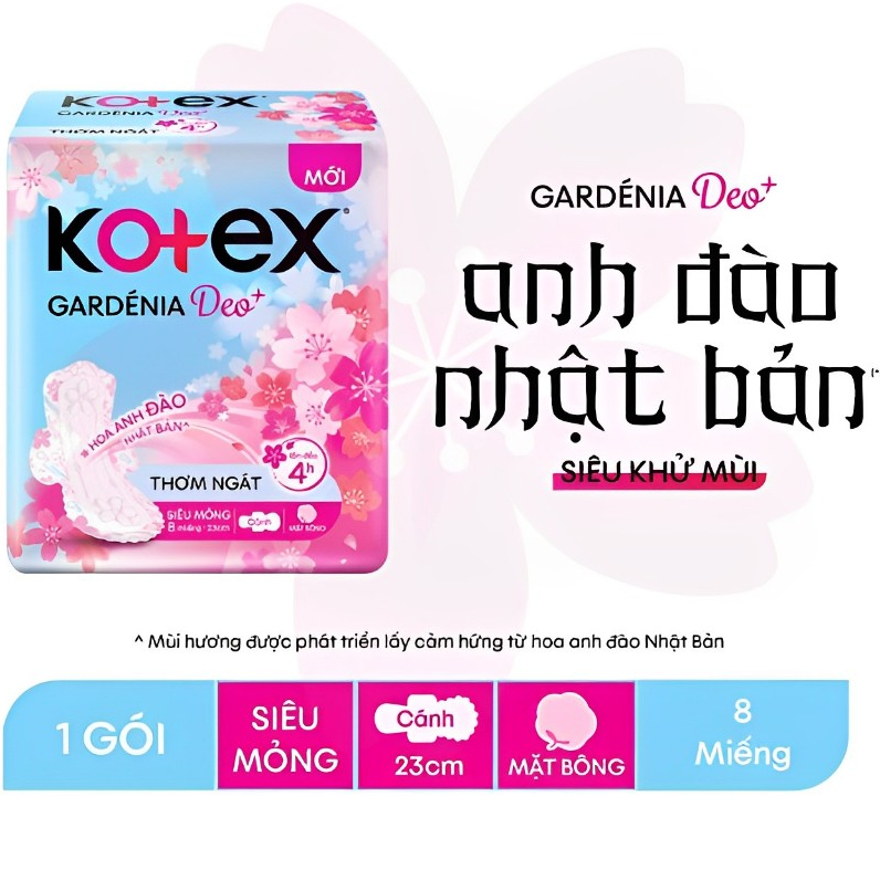 Băng vệ sinh Kotex Gardenia Deo+ hoa anh đào siêu mỏng cánh 23cm x 8 miếng