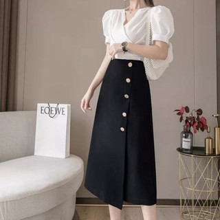 Chân váy công sở chữ A dáng dài qua gối, phối cúc phong cách trẻ trung VannhShop CV0068