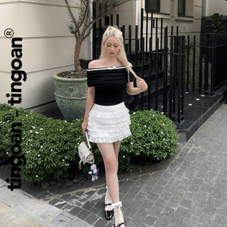  TINGOAN® - Áo trễ vai len xù đen phối nơ giữa zúm thân MEIMEI TOP BL 