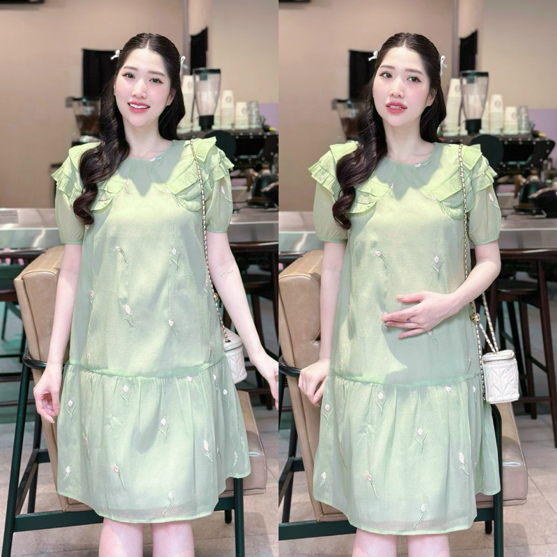 EVERMOM l Đầm bầu Sosi tơ gạo thêu hoa tulip phối viền bèo nữ tính