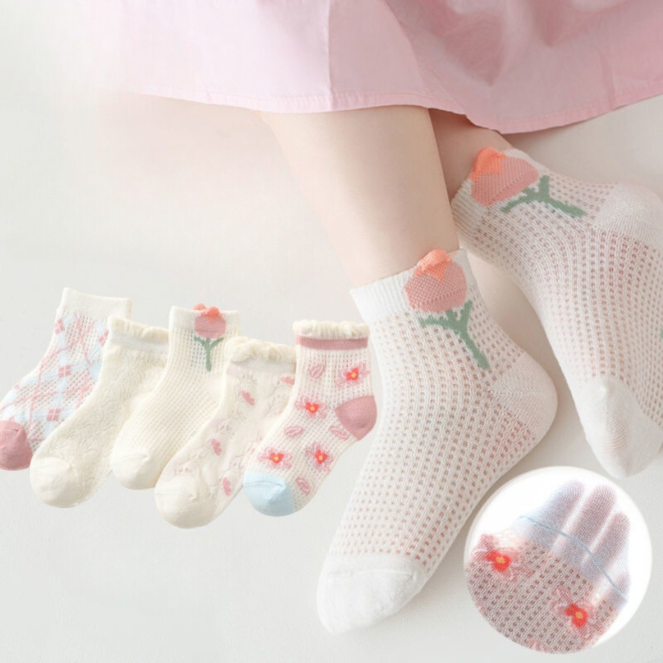 Set 5 Đôi Tất Lưới Hè Thu Cho Bé Gái 5-12 Tuổi Lưới Hoa T61