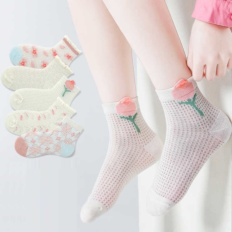 Set 5 Đôi Tất Lưới Hè Thu Cho Bé Gái 5-12 Tuổi Lưới Hoa T61