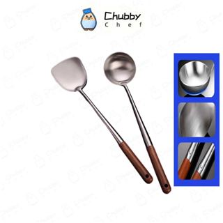 Vá inox, xẻng xào inox Cao cấp cán gỗ dài 43cm loại dày Chubby Chef thân dài liền và chống nóng,vá canh xẻng xào thức ăn
