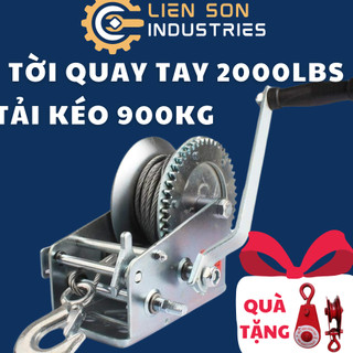 Tời quay tay 2000LBS, tải kéo 900kg tải nâng 300kg Cáp 5ly dài 6 mét tặng kèm ròng rọc 300kg