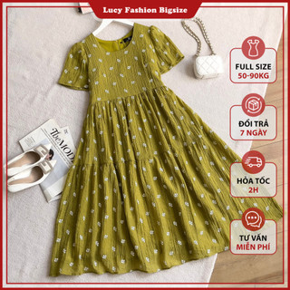 Vấy đầm nữ bigsize 2 tâng hoa in cổ tròn cao cấp dự tiệc đi chơi LUCY 50-90kg