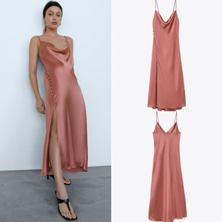 HIPU.VNXK - Đầm lụa satin Zara 2 dây cổ đổ phối nút hông.