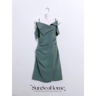 Váy đầm 2 dây midi dáng ngắn nhún eo cách điệu ngực màu xanh secondhand