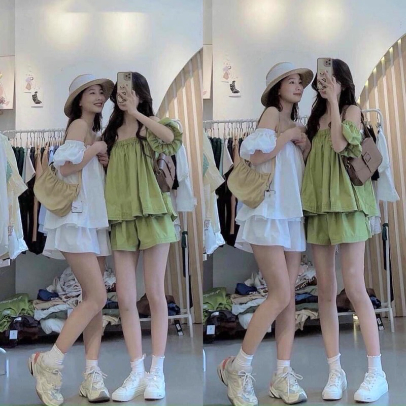 SÉT ÁO + QUẦN TAY PHỒNG RỘNG trễ vai tay ngắn quần đùi short chất kate voan siêu dễ thương cute cho Nữ - Thiên Yết