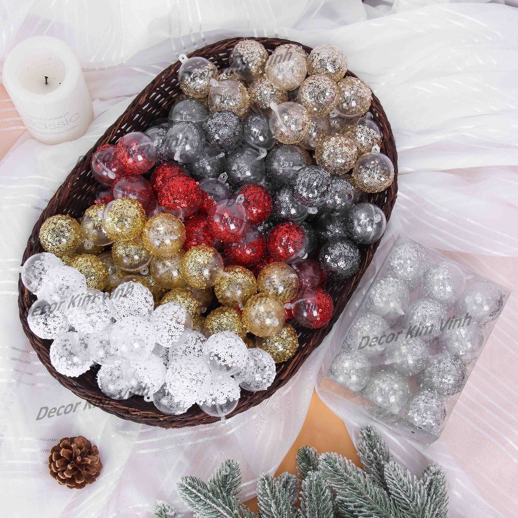 Set 24 Quả Châu Trong Suốt Đính Hạt Dẹp E98 Treo Cây Thông Noel Phụ Kiện Trang Trí Giáng Sinh