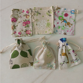 Túi vải bố linen dây rút họa tiết phong cách vintage đựng hoa khô hoa thơm cà phê size 10x14cm