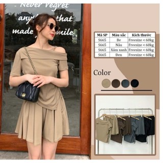 S05 Set Bộ Đồ Nữ bao gồm áo thun tăm cộc tay vạt chéo kèm quần váy xòe