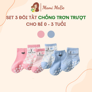  Set 3 đôi tất cotton cổ cao chống trơn trượt Mummy Daddy cho bé Tất tập đi mùa đông cho bé 