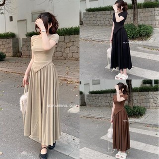 S06 Set áo thun tăm cộc tay vạt chéo kèm chân váy dáng dài