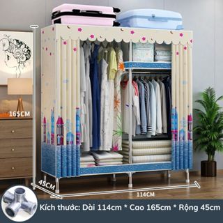Tủ Quần Áo Vải, Tủ Vải Khung Thép Titan Cao Cấp 2 buồng Chốt Kim Loại Kích Thước 105x165x45cm Bảo Hành 12 Tháng