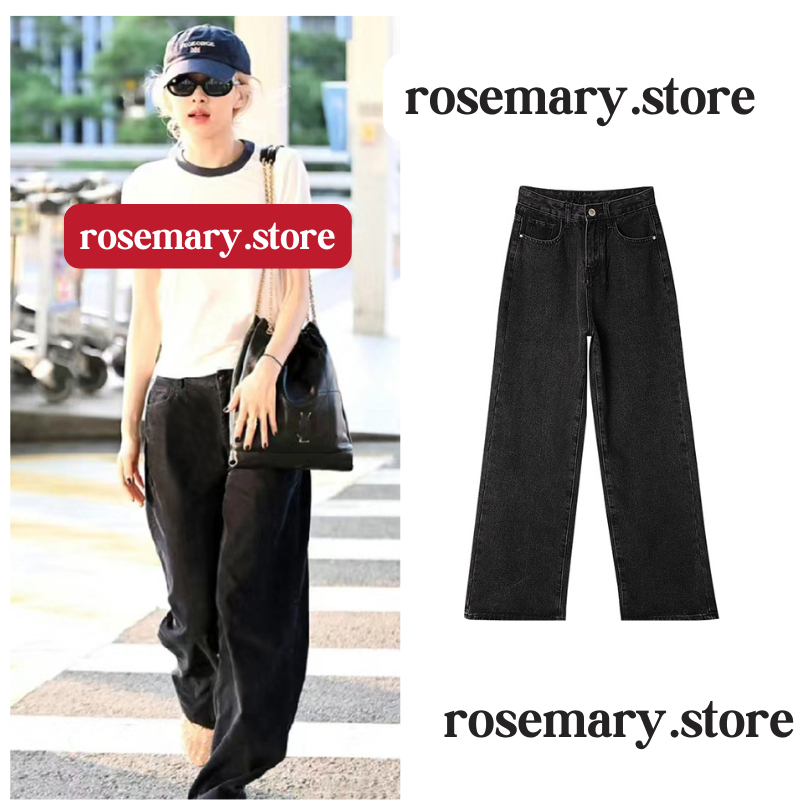 Quần jeans đen ống rộng Rose cạp cao dáng rộng quần dài