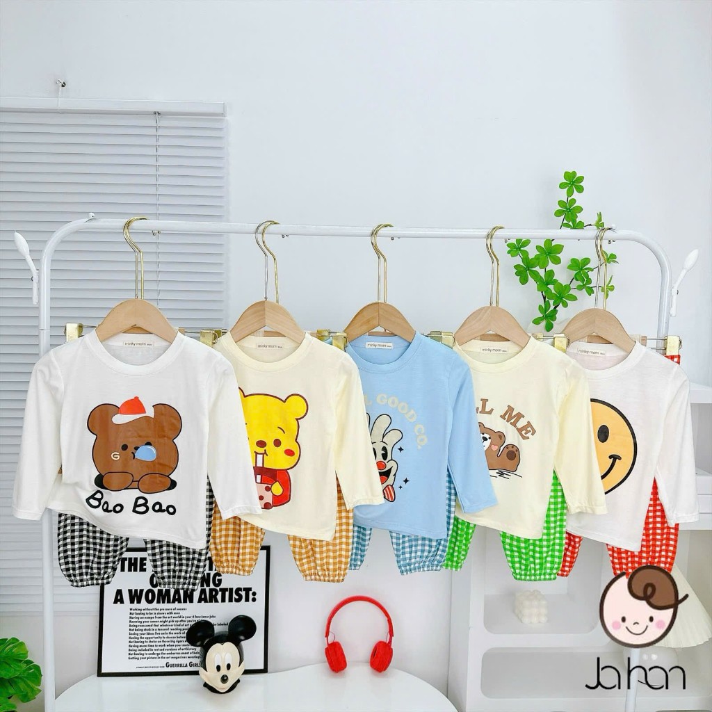   Size 9-26kg  Bộ Dài Tay Phối Quần Sọc Caro Alibaba Thun Lạnh Cho Bé Trai Bé Gái Size từ 9 đến 26 kí - HÀNG LOẠI 1 