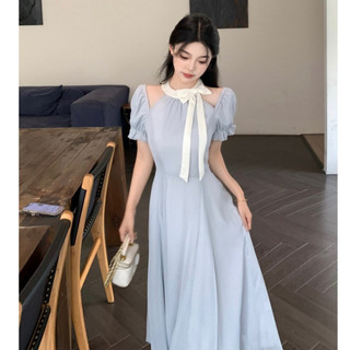Đầm voan dáng dài hở vai thắt nơ  2 màu thiết kế nhàng dễ thương