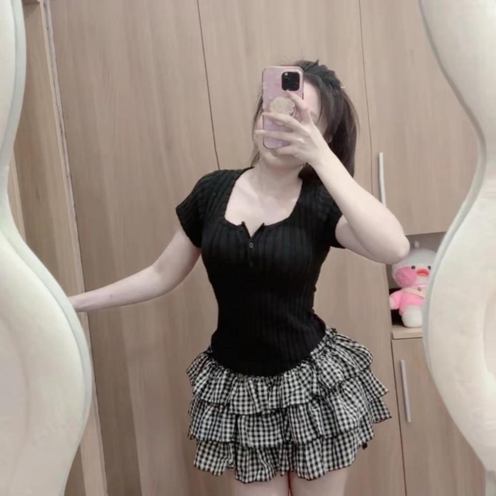 [DƯỚI 52kg]-(Hàng Loại 1) Áo thun nữ tay ngắn chất len đũa co dãn cổ u gài nút vạt bầu croptop | BigBuy360 - bigbuy360.vn