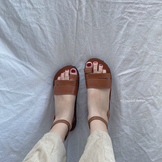 Giày Sandals xỏ ngón phối quai ngang dây cổ cao full màu nâu bò