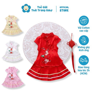 Bộ đồ cho bé gái set áo và chân váy trung hoa vải dày dặn ánh kim họa tiết thêu hoa đào SE159