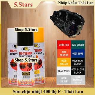 Sơn pô xe, lốc máy, lò nướng chịu nhiệt 400 độ F HI-TEMP Bosny dung tích 400ml -Thái Lan, màu đen, trắng, xanh, đỏ, vàng