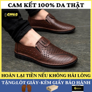 Giày lười da bò nam thiết kế lỗ thoáng mát đế cao su khâu chỉ bảo hành 1 năm GM0156