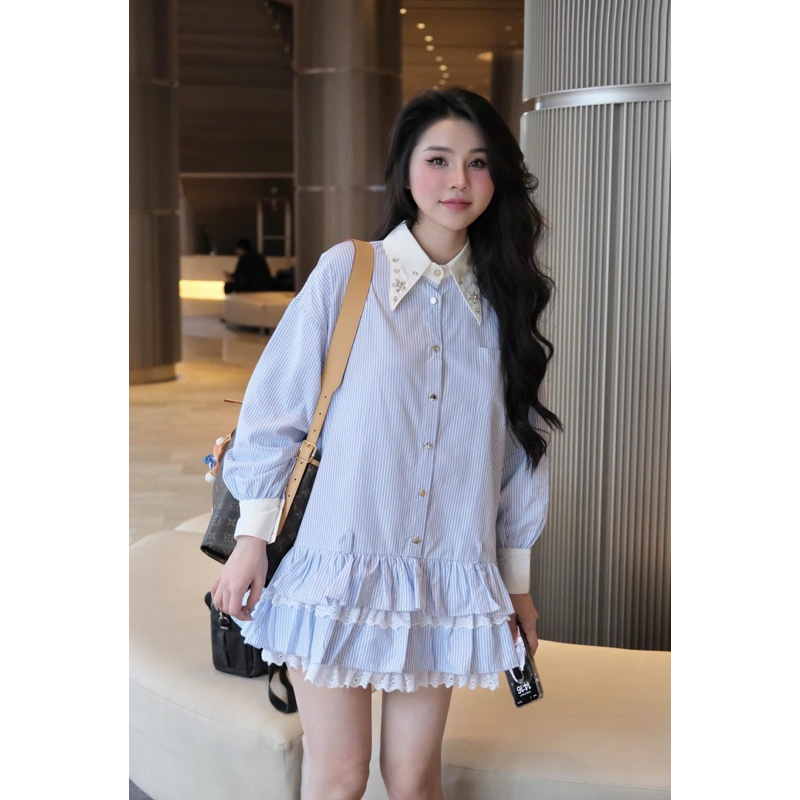 [V1.793] Váy Sơmi Kẻ Babydoll Cổ Đá Phối Chân Bèo Tầng Pha Ren Siêu Xinh | BigBuy360 - bigbuy360.vn
