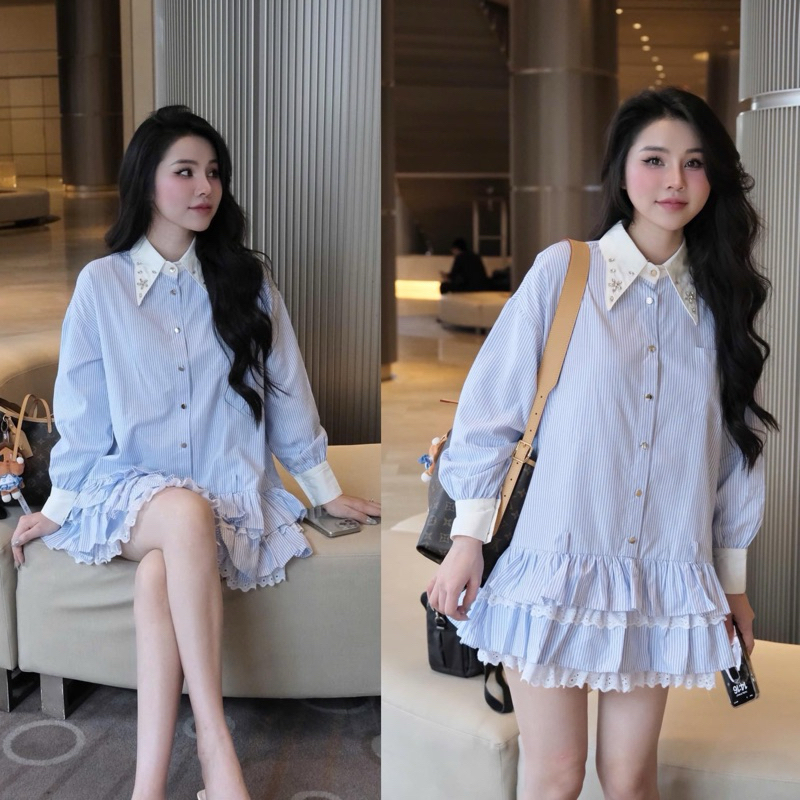 [V1.793] Váy Sơmi Kẻ Babydoll Cổ Đá Phối Chân Bèo Tầng Pha Ren Siêu Xinh | BigBuy360 - bigbuy360.vn