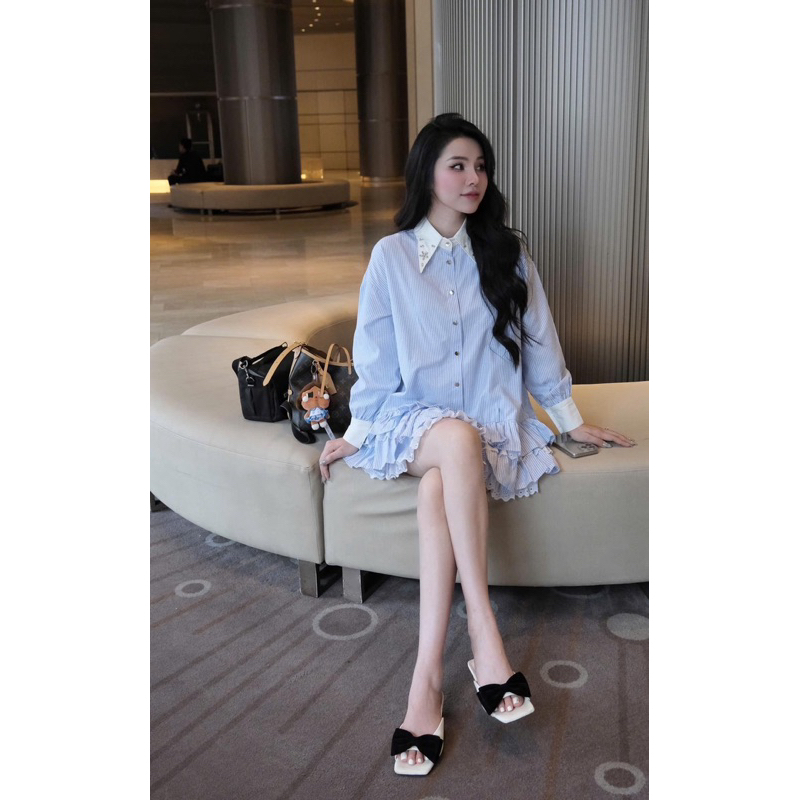 [V1.793] Váy Sơmi Kẻ Babydoll Cổ Đá Phối Chân Bèo Tầng Pha Ren Siêu Xinh | BigBuy360 - bigbuy360.vn