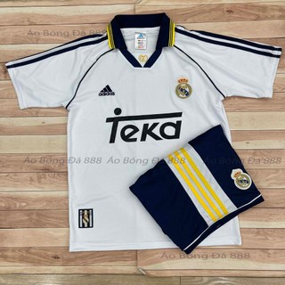 Áo bóng đá clb real madrid 1998, áo đá banh real retro, quần có túi - vải polyester gai thái cáo cấp