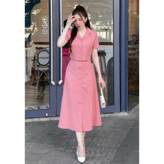 Set váy maxi nữ chất cotton lạnh áo sơ mi tay ngắn mix chân váy chữ A dài xẻ tà đính nút phong cách sang trọng