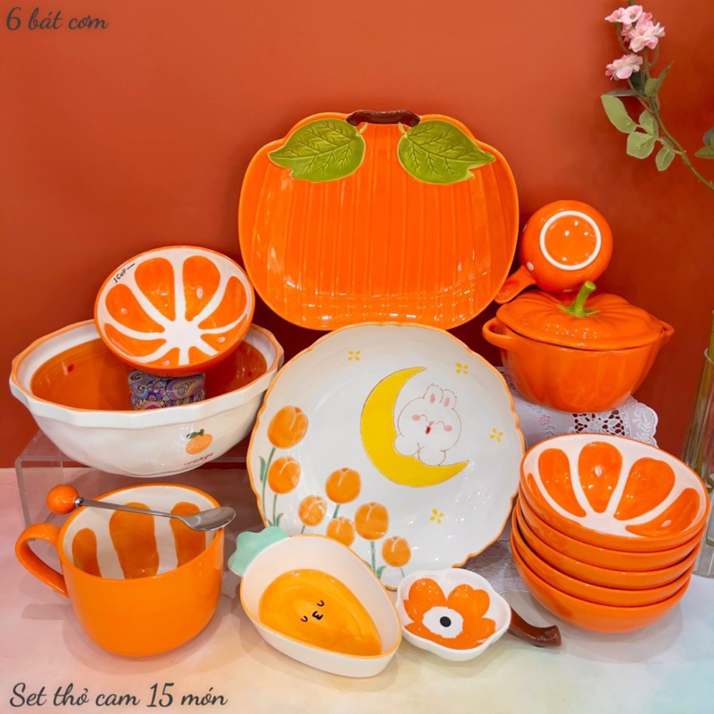 Bộ Bát Đĩa Gốm Sứ Decor, Bát Ăn Cơm, Chén Dĩa Dễ Thương Bộ Bát Đĩa thỏ cam ngọt Cực Xinh Yêu Gốm Sứ