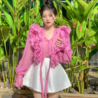 Áo kiểu tay dài nhún bèo Briebrie chất vải tơ,sang chảnh - 399