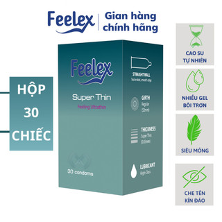 Bao cao su Feelex superthin siêu mỏng, nhiều gel bôi trơn, hương dâu - hộp 30 bcs