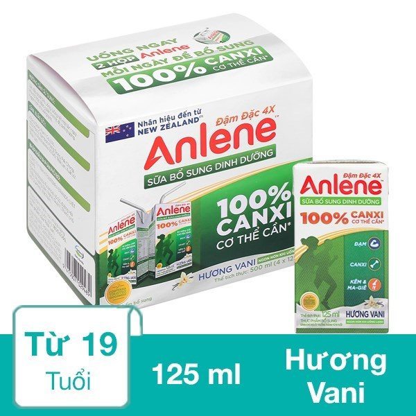 Lốc 4 hộp sữa pha sẵn người lớn pha sẵn Anlene Đậm Đặc 4X hương vani 125 ml