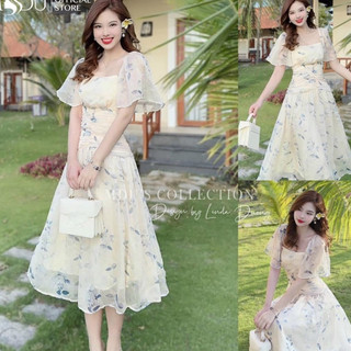 Đầm voan hoa tay xòe xếp ly eo dáng xòe với tone màu cực kì nhẹ nhàng