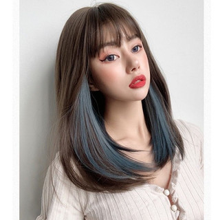 Tóc giả nữ nguyên đầu phối line xanh- mã H6150, tặng kèm lưới trùm tóc wig.