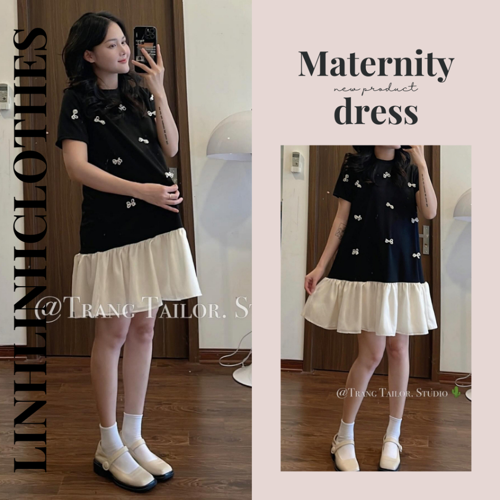 Váy bầu đuôi cá dáng suông , đầm bầu dự tiệc đính nơ khâu mix chân bèo tiểu thư sang chảnh Linhlinhclothes