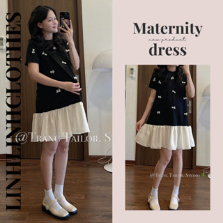 Váy bầu đuôi cá dáng suông , đầm bầu dự tiệc đính nơ khâu mix chân bèo tiểu thư sang chảnh Linhlinhclothes