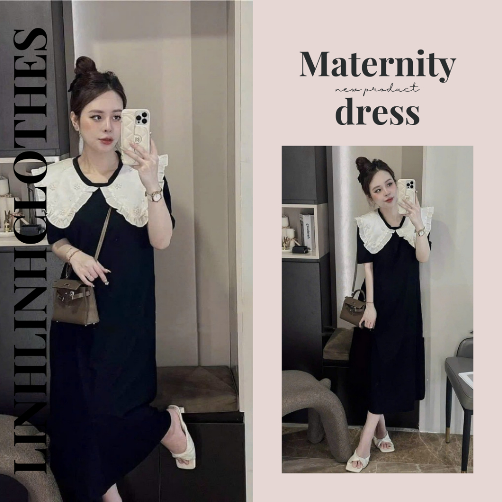 Đầm bầu công sở , váy bầu thiết kế cổ bèo cách điệu đính ngọc dáng suông dài sang chảnh hot hit Linhlinhclothes