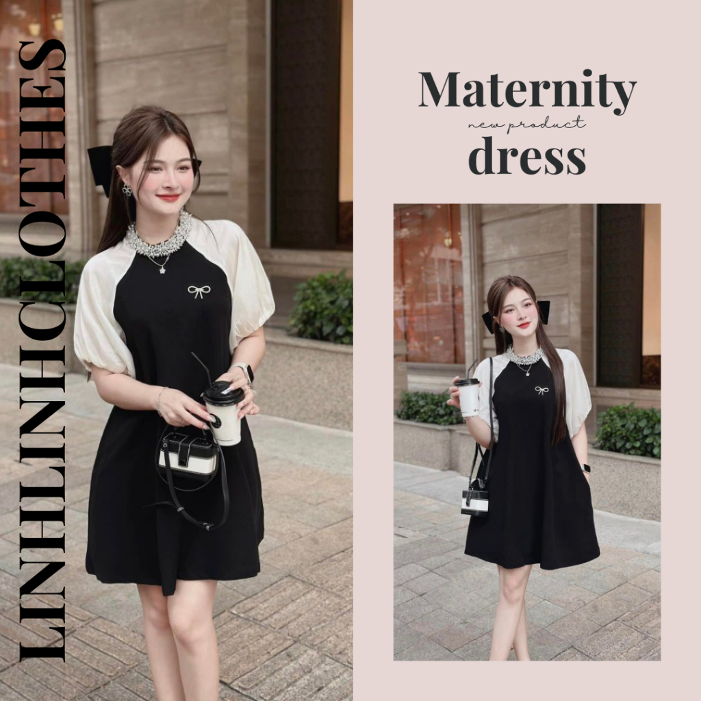 Đầm bầu dự tiệc , váy bầu thời trang công sở mix cổ đá kèm tag tay phồng chất hàn chéo cao cấp cực xinh Linhlinhclothes