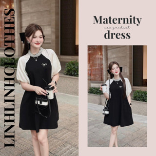 Đầm bầu dự tiệc , váy bầu thời trang công sở mix cổ đá kèm tag tay phồng chất hàn chéo cao cấp cực xinh Linhlinhclothes