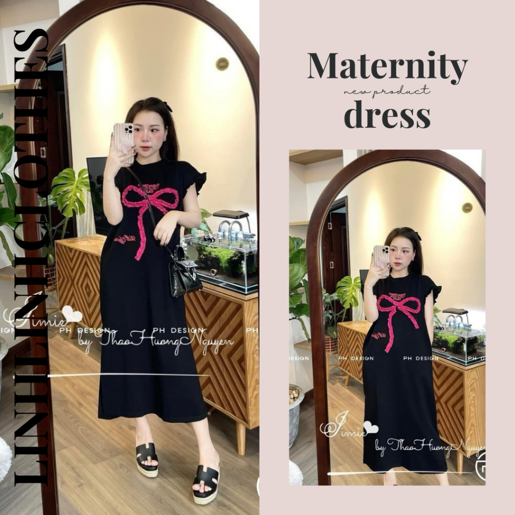 Váy bầu maxi , đầm bầu thiết kế Tay Hến Viền Bèo Đính Nơ Bèo Hồng Nổi Dáng Dài Đầm Xuông Nữ Linhlinhclothes