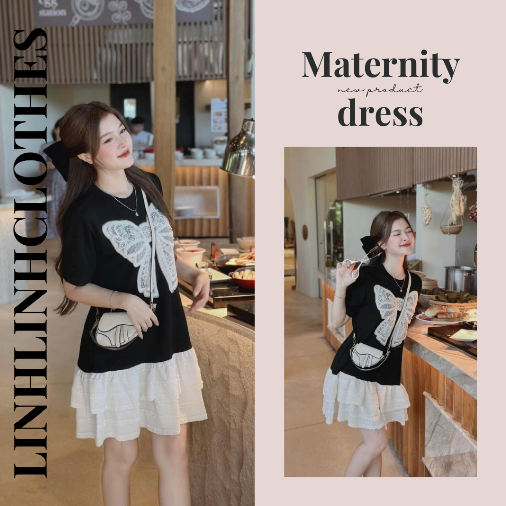 Đầm bầu babydoll , váy bầu thiết kế dự tiệc họa tiết nơ nổi mix chân bèo đuôi cá dáng dài sang chảnh Linhlinhclothes