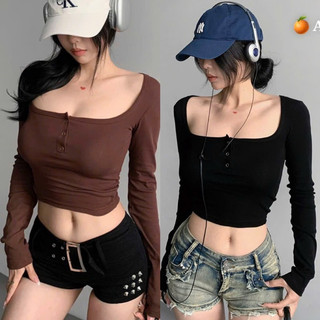 Áo thun croptop dài tay cổ vuông nút gài HN988 Áo tay dài phối nút ôm body